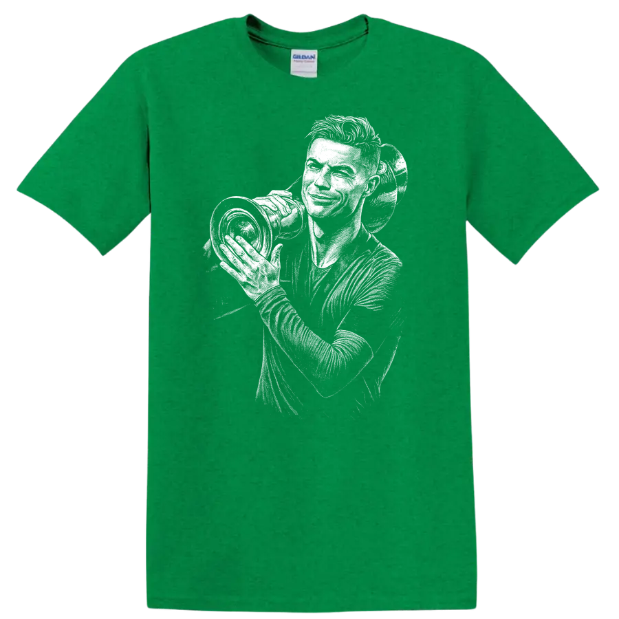 High-contrast retro soccer portrait of Cristiano Ronaldo T - Antic Irish Green