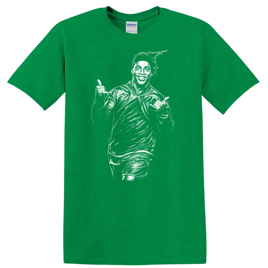 Retro soccer player portrait in legend style inspired by Ronaldinho on a T - Antic Irish Green
