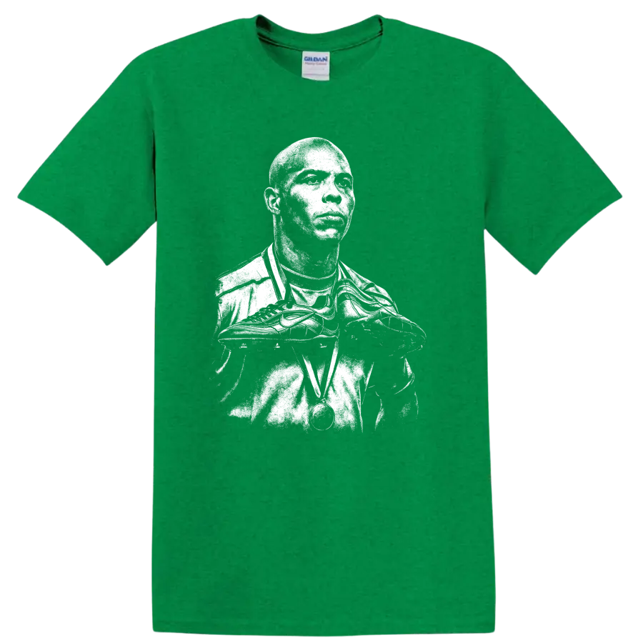 Retro soccer portrait of Ronaldo Nazário legend style T - Antic Irish Green