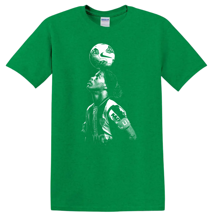 Retro soccer legend portrait of Ronaldinho Gaúcho style on black T - Antic Irish Green