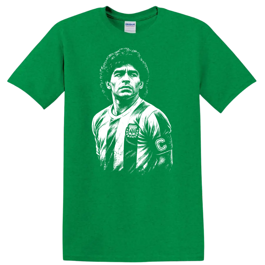 Black and white retro portrait of Diego Maradona on a T - Antic Irish Green