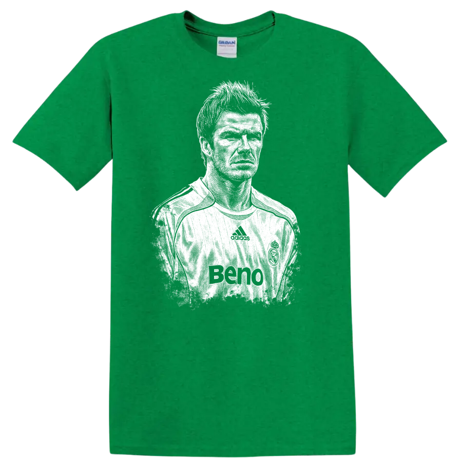 Retro soccer portrait style graphic inspired by David Beckham on a - Antic Irish Green
