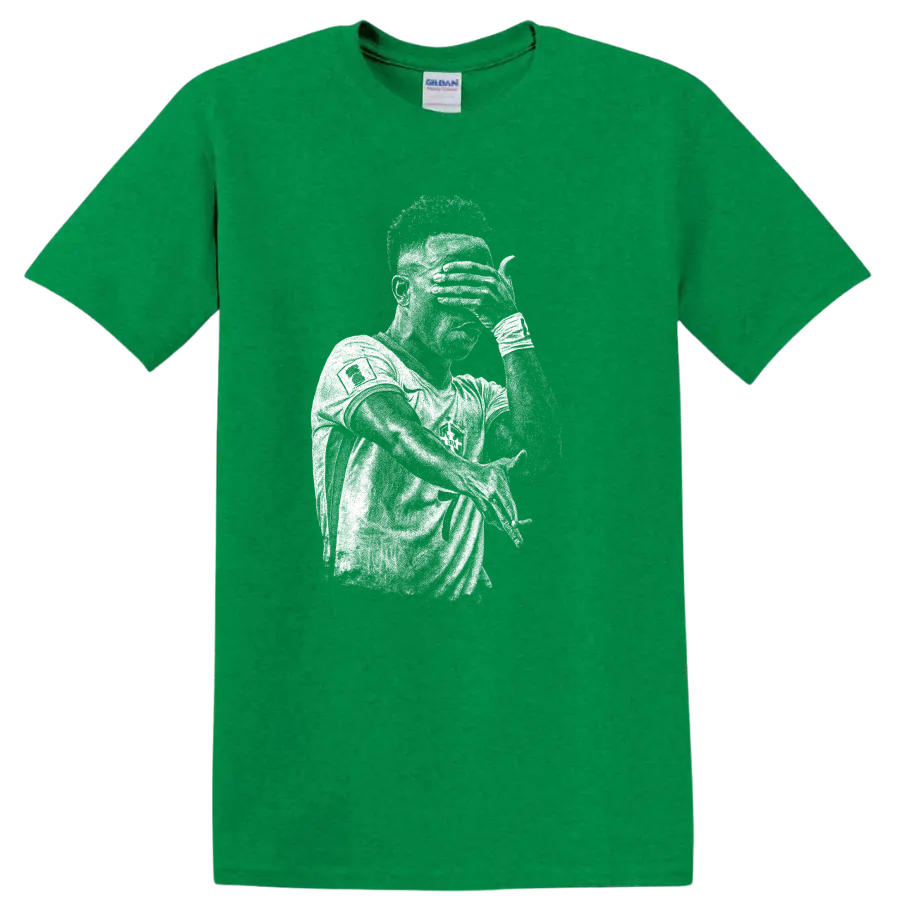 Retro black and white soccer portrait of Vinícius Júnior T - Antic Irish Green