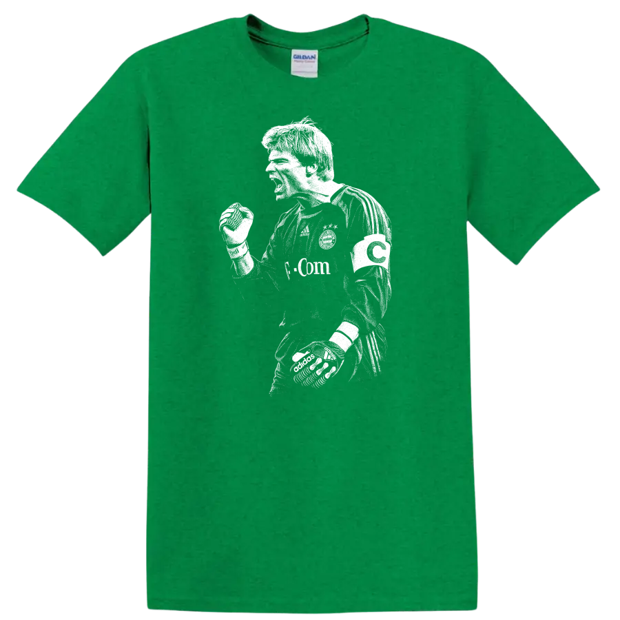 Black and white retro soccer portrait of Oliver Kahn on a T - Antic Irish Green