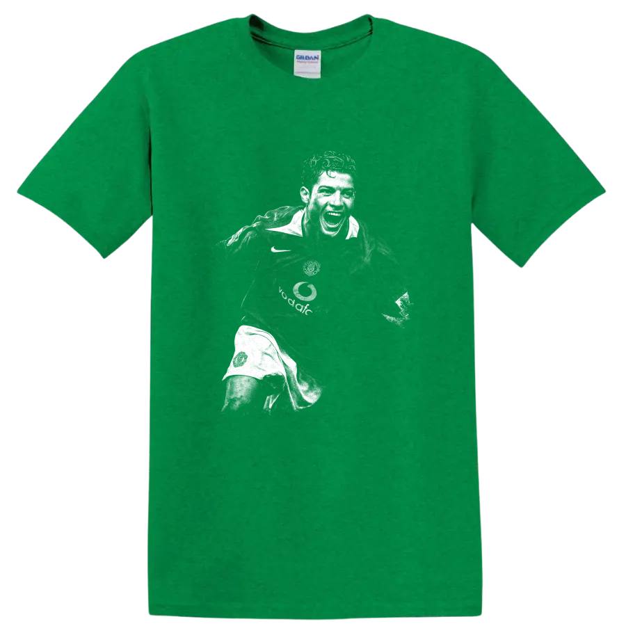 Retro black and white Cristiano Ronaldo soccer portrait graphic T - Antic Irish Green