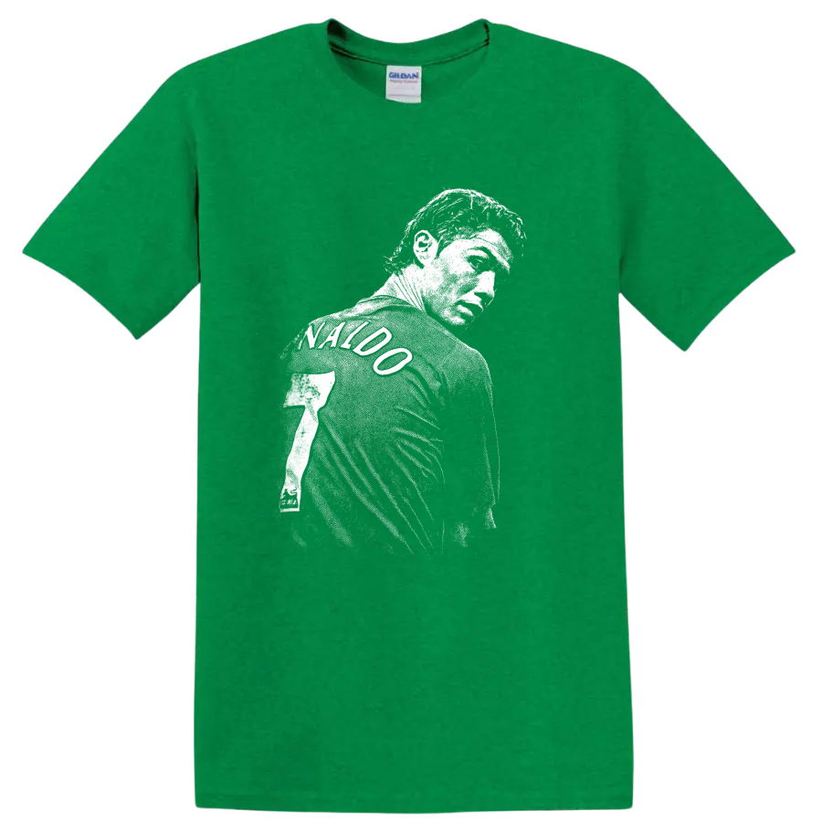 Retro soccer portrait of Cristiano Ronaldo style graphic T - Antic Irish Green