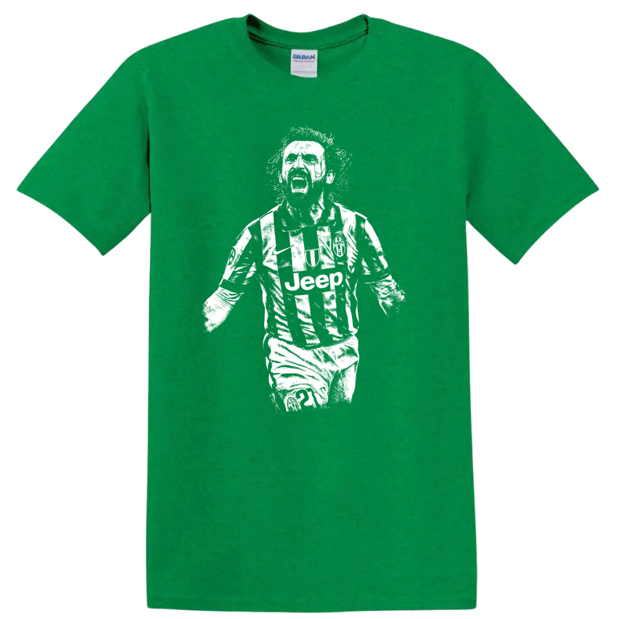 Retro soccer portrait design inspired by Andrea Pirlo on a T - Antic Irish Green