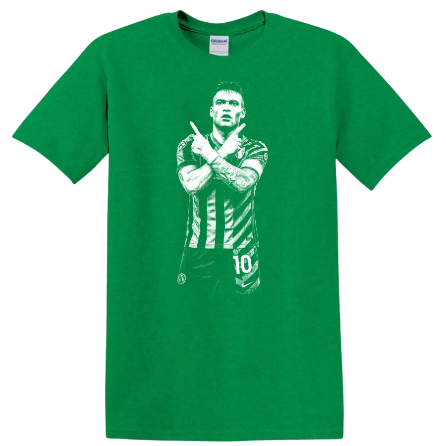 Black and white retro soccer portrait of Lautaro Martínez on a T - Antic Irish Green