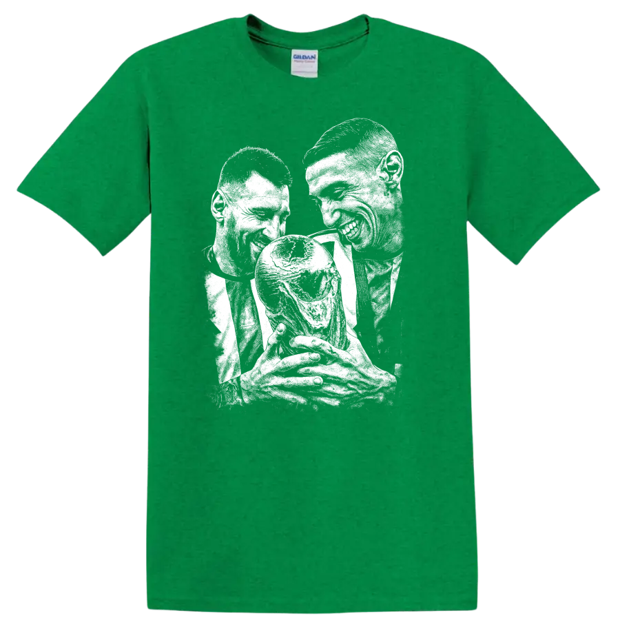 Retro soccer legend portrait design featuring Lionel Messi and Ángel Di María T - Antic Irish Green