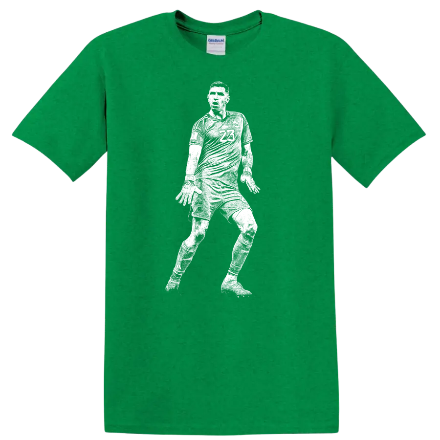 Black and white retro soccer player silhouette design for Emiliano Martínez T - Antic Irish Green