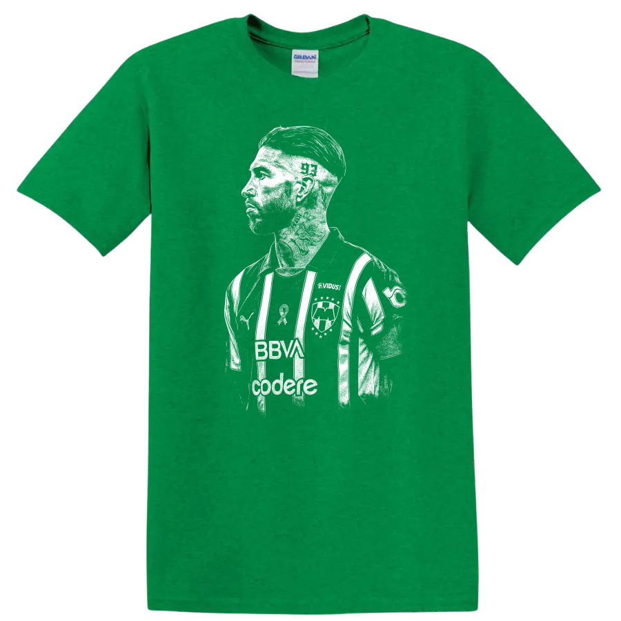 Retro style Sergio Ramos soccer portrait graphic on T - Antic Irish Green