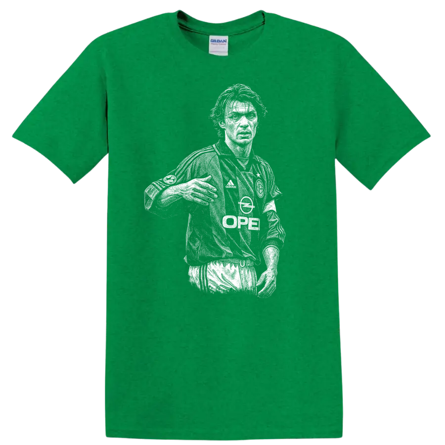 Retro soccer portrait of Paolo Cesare Maldini style graphic T - Antic Irish Green