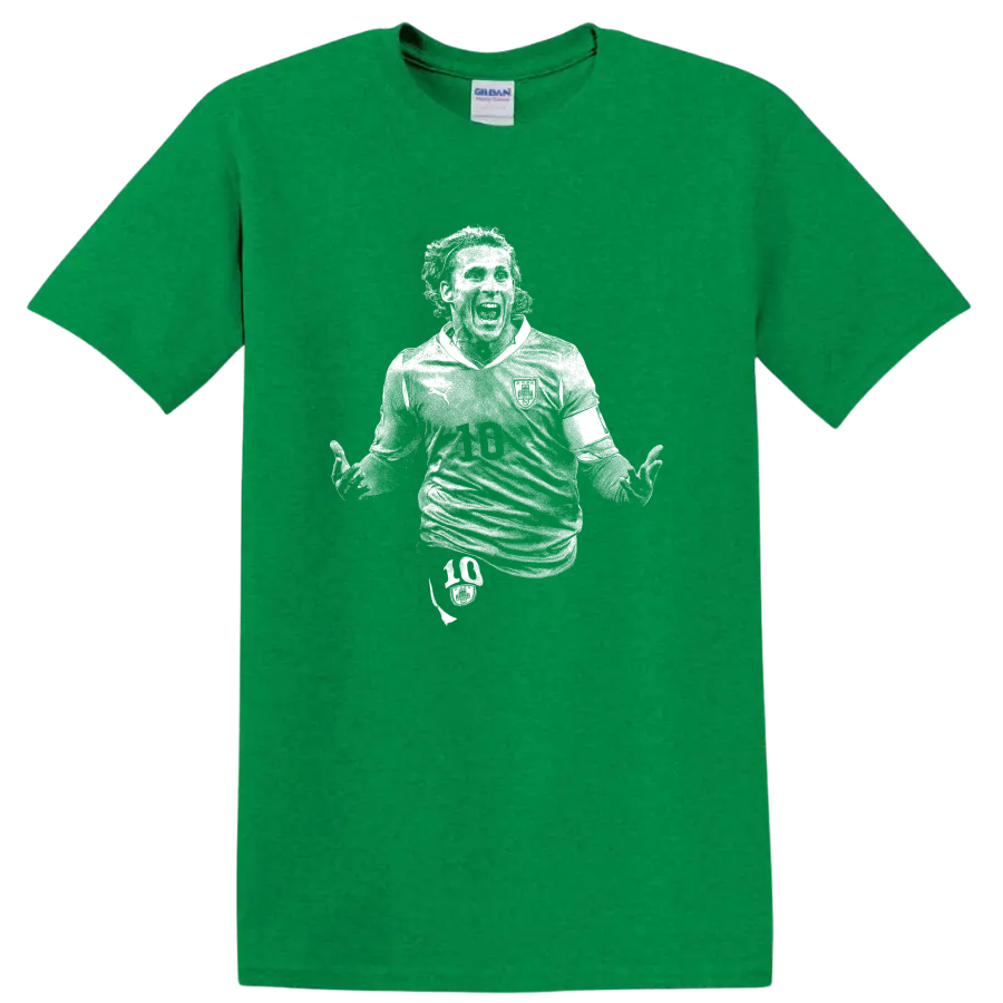 Retro soccer portrait silhouette inspired by Diego Forlán T - Antic Irish Green