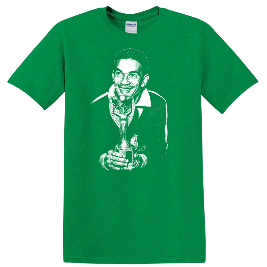 Black and white retro soccer portrait graphic T shirt of Manuel Francisco dos - Antic Irish Green