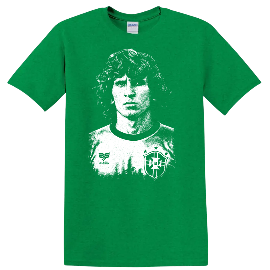 Retro soccer legend portrait of Arthur Antunes Coimbra black and white T shirt - Antic Irish Green
