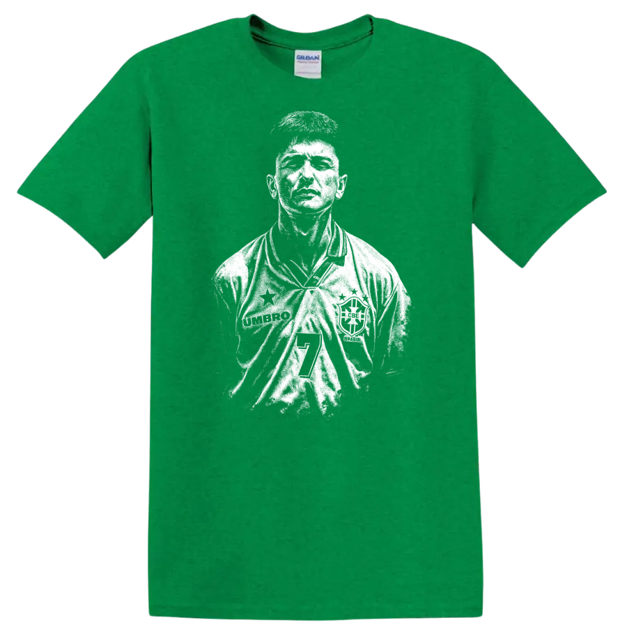 Retro soccer portrait of Romário de Souza Faria, legend style T shirt - Antic Irish Green