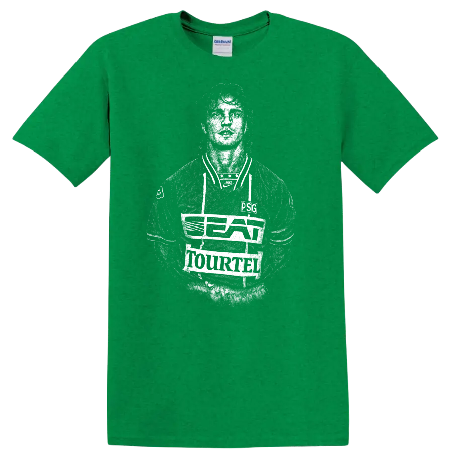 Retro soccer portrait style graphic inspired by David Ginola T - Antic Irish Green