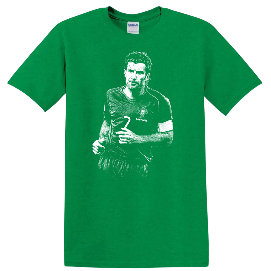 High-contrast retro soccer portrait of Luís Figo style graphic T-shirt - Antic Irish Green