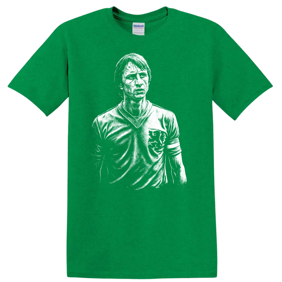 Black and white retro soccer portrait graphic T shirt inspired by Johan - Antic Irish Green