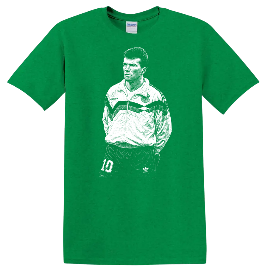 Retro soccer legend portrait graphic T Shirt inspired by Matthias - Antic Irish Green