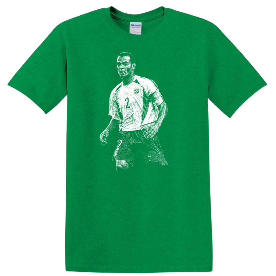 Retro pixel-style Ronaldo Nazário soccer portrait on black T - Antic Irish Green