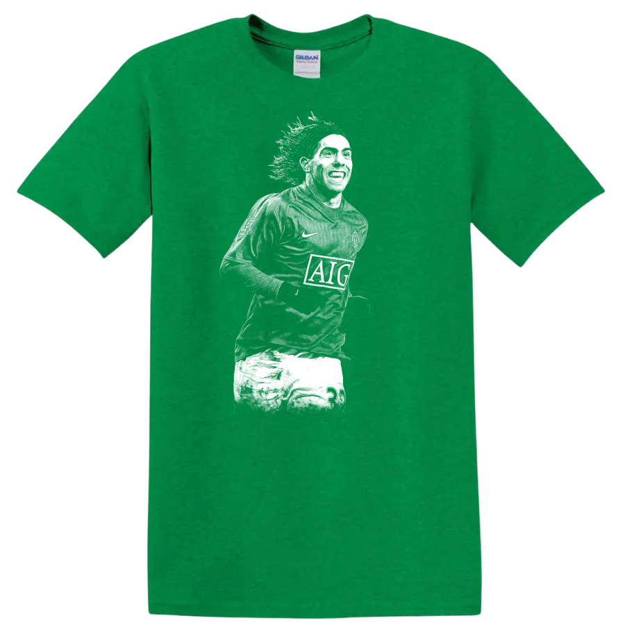 Retro soccer legend portrait of Carlos Alberto Tévez on T - Antic Irish Green