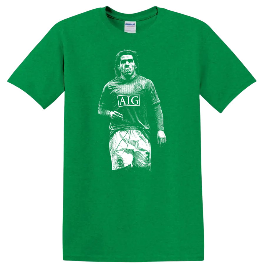 Retro soccer legend portrait style graphic featuring Carlos Alberto Tévez T - Antic Irish Green