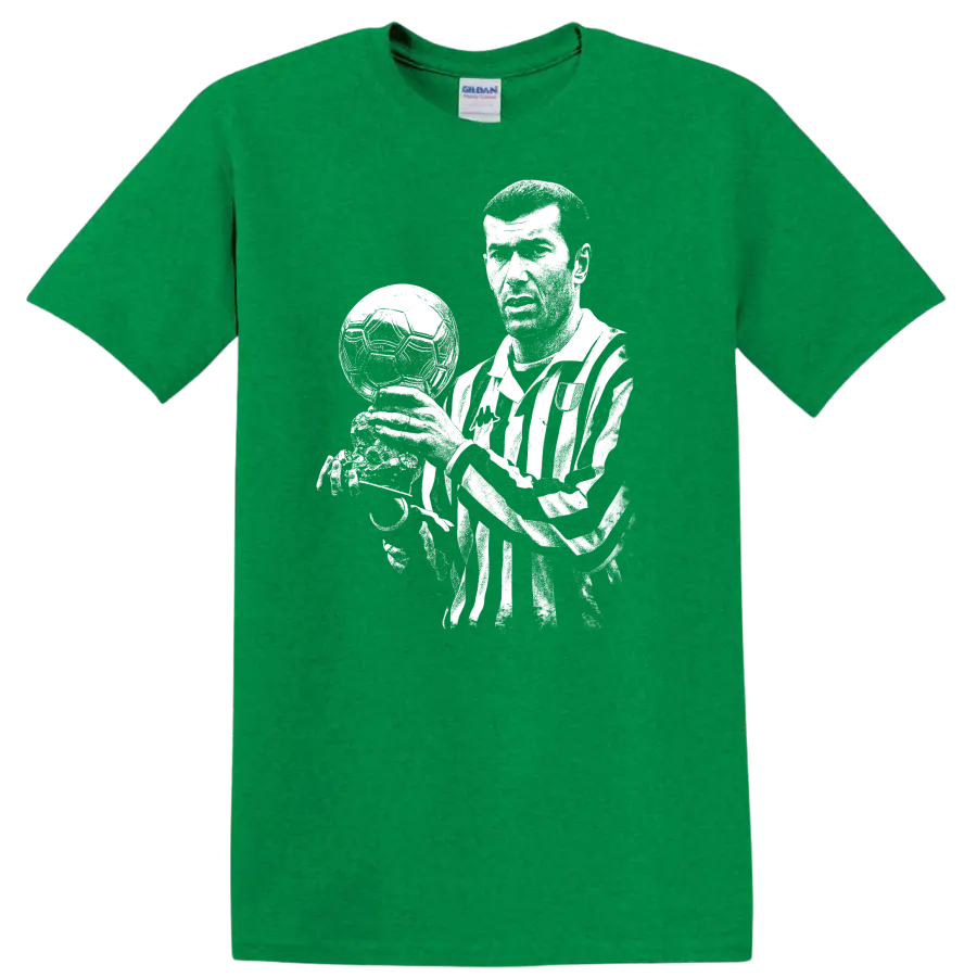 Black and white retro soccer portrait of Zinedine Zidane style T - Antic Irish Green