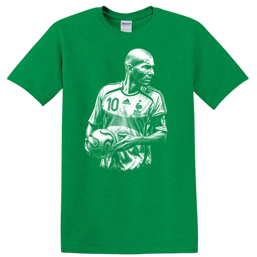Retro soccer portrait of Zinedine Zidane in bold black and white style T - Antic Irish Green