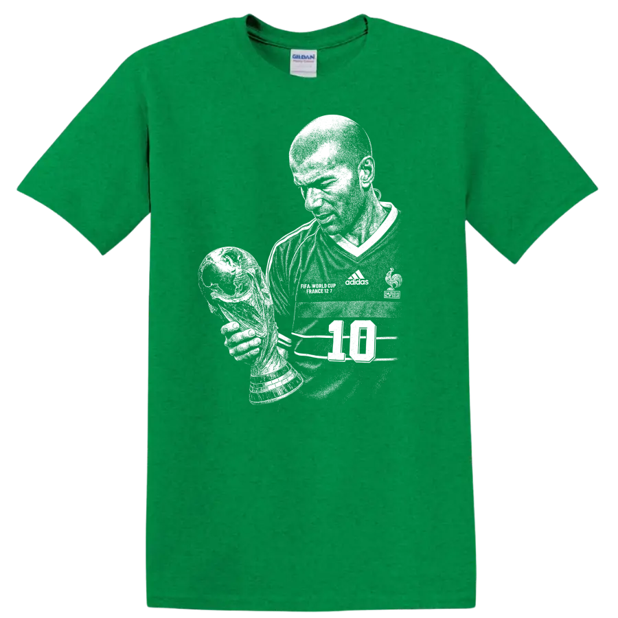 Retro black and white Zinedine Zidane soccer portrait T shirt - Antic Irish Green