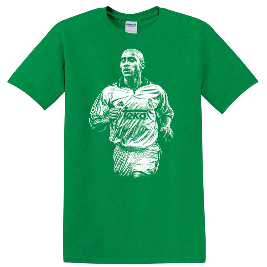 Retro soccer portrait of Roberto Carlos da Silva Rocha legend style T - Antic Irish Green
