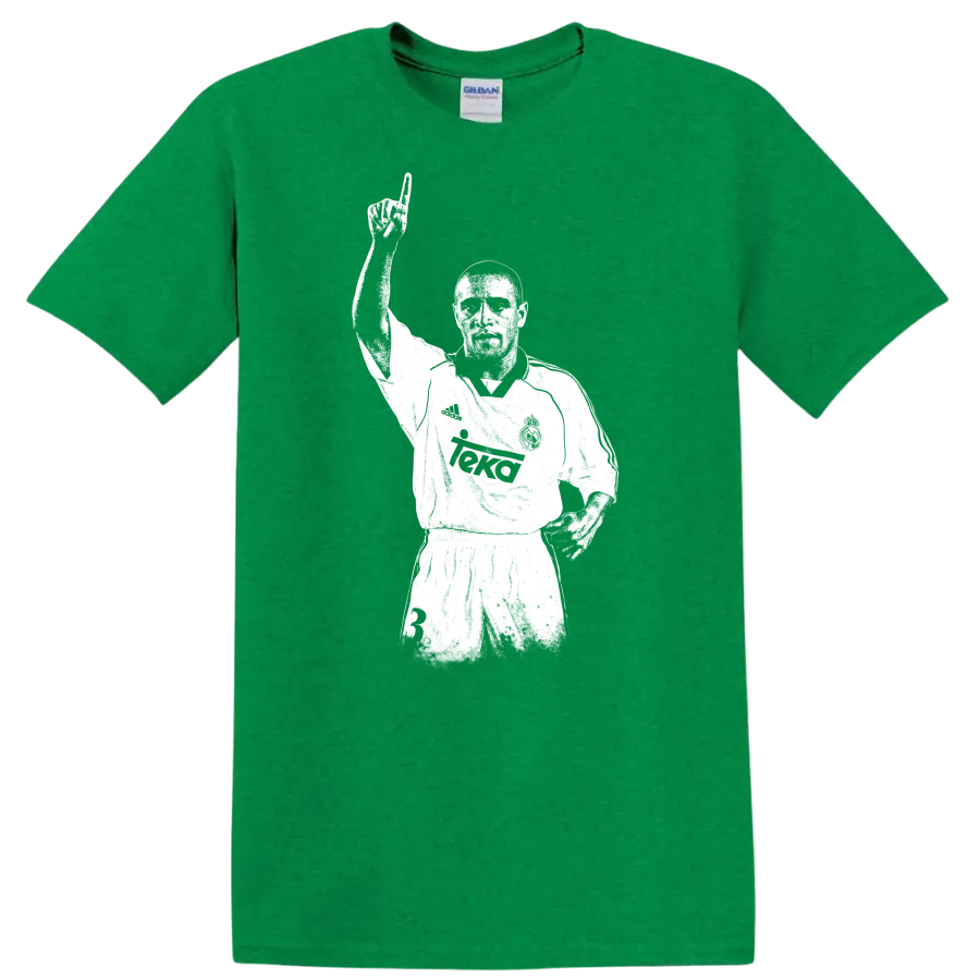 Retro soccer legend portrait of Roberto Carlos in vintage style T - Antic Irish Green