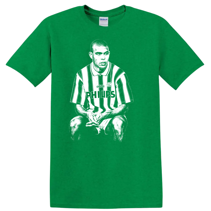 Black and white retro soccer portrait of Ronaldo Nazário style graphic T - Antic Irish Green