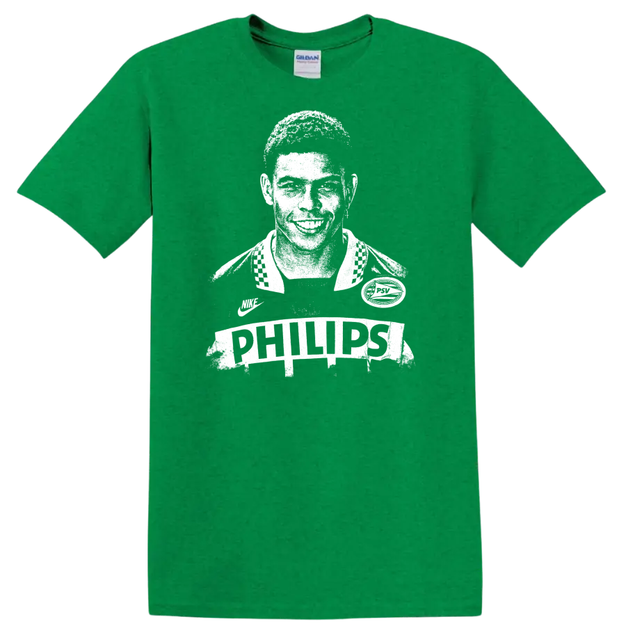 Retro soccer legend portrait design inspired by Ronaldo Nazário with bold vintage style T - Antic Irish Green