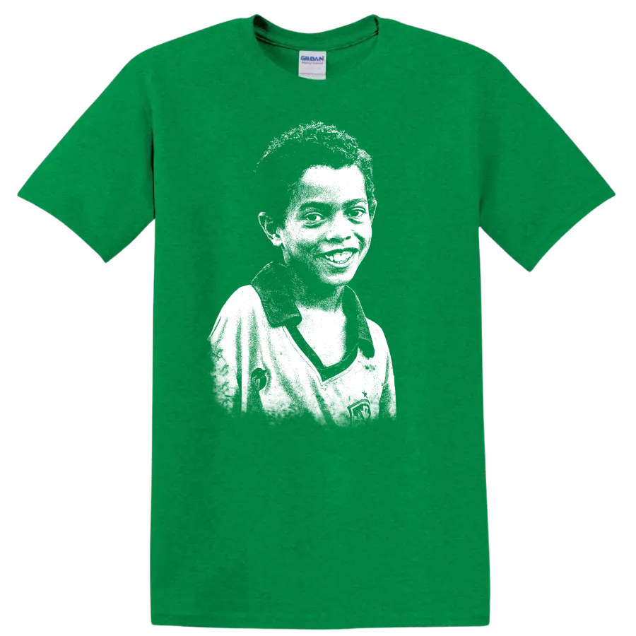 Retro pixel-style soccer legend portrait inspired by Ronaldo de Assis Moreira T - Antic Irish Green