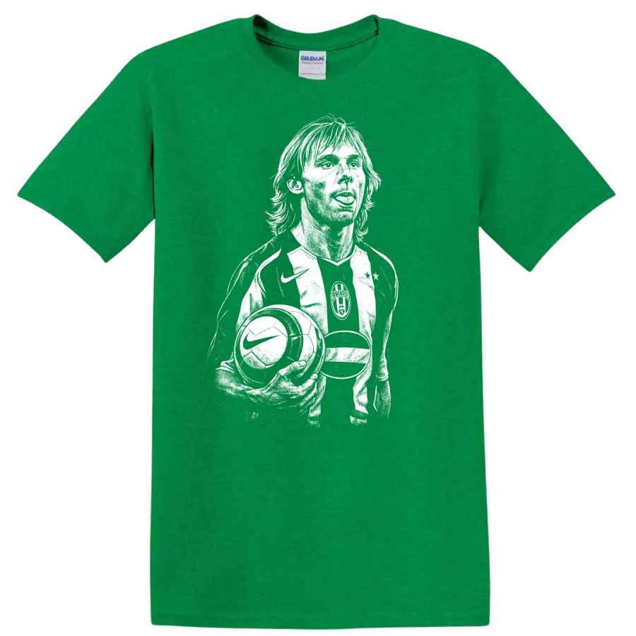 Black and white retro soccer portrait graphic T shirt featuring Pavel - Antic Irish Green
