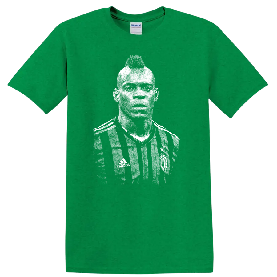 Retro soccer player portrait graphic inspired by Mario Balotelli on a T - Antic Irish Green