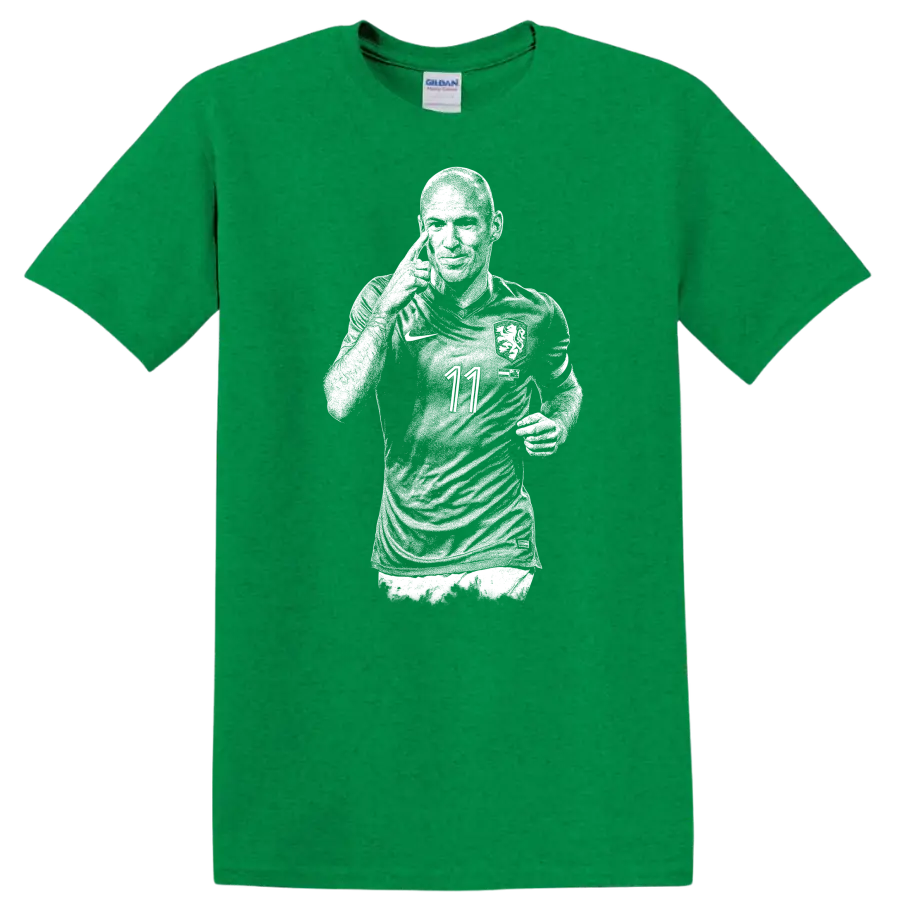 Retro soccer portrait of Arjen Robben style graphic T - Antic Irish Green