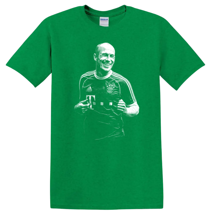 Black and white retro soccer portrait of Arjen Robben on a T - Antic Irish Green