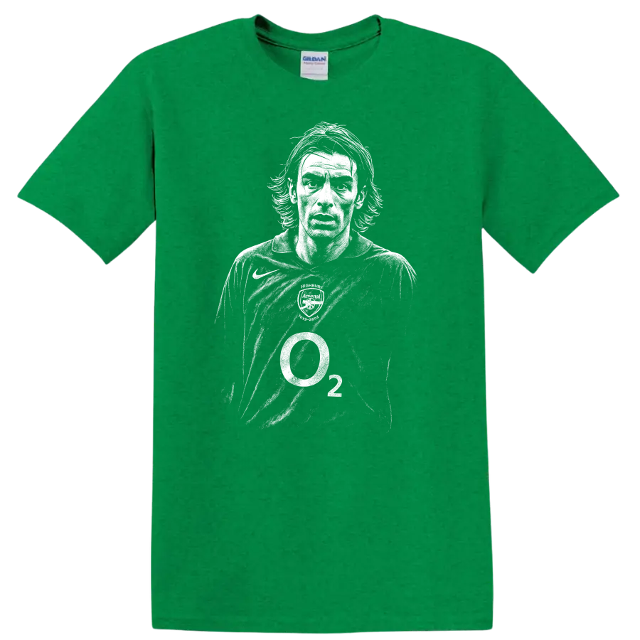 Retro soccer player portrait of Robert Pirès style in high-contrast black and white T shirt - Antic Irish Green