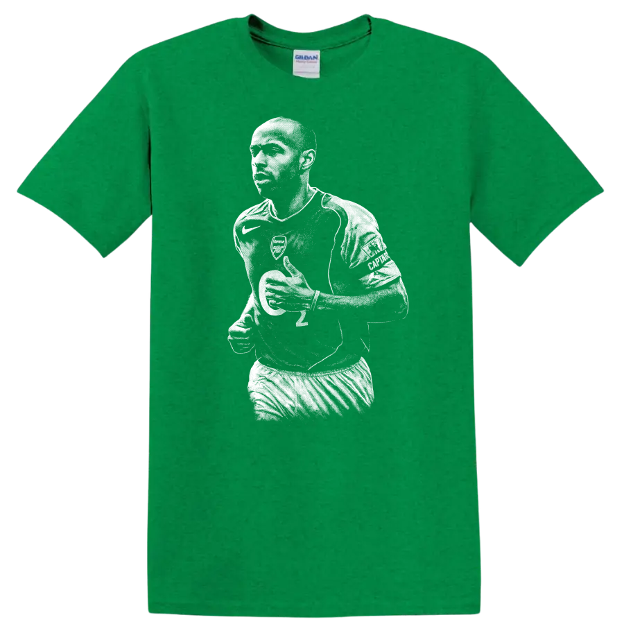 Black and white retro Thierry Henry soccer portrait T - Antic Irish Green