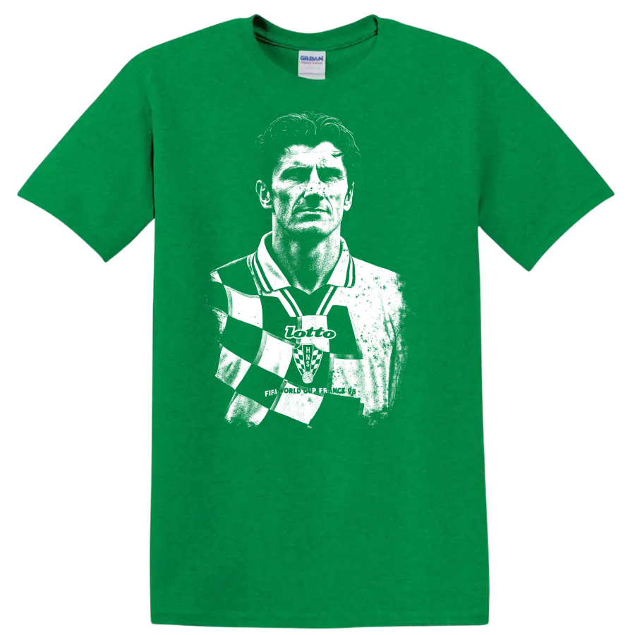 High-contrast retro soccer portrait of Davor Šuker graphic T - Antic Irish Green