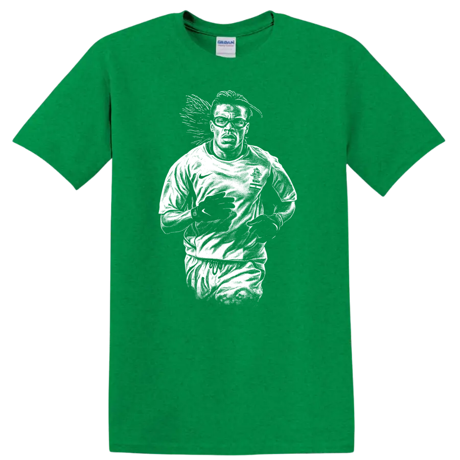 High-contrast retro soccer portrait of Edgar Davids inspired legend style T - Antic Irish Green