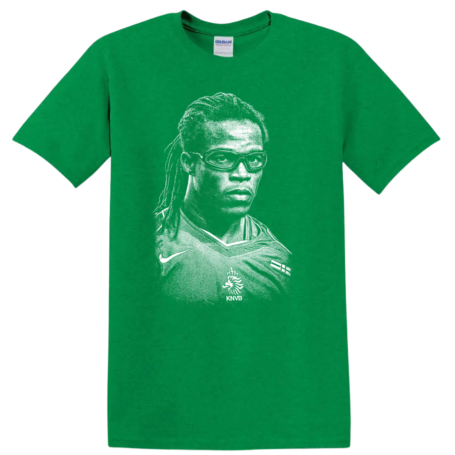 Black and white retro soccer player portrait T - Antic Irish Green