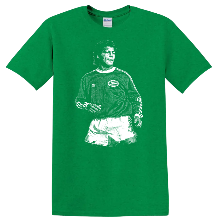 Retro soccer legend portrait of Romário in high-contrast black and white T Shirt - Antic Irish Green