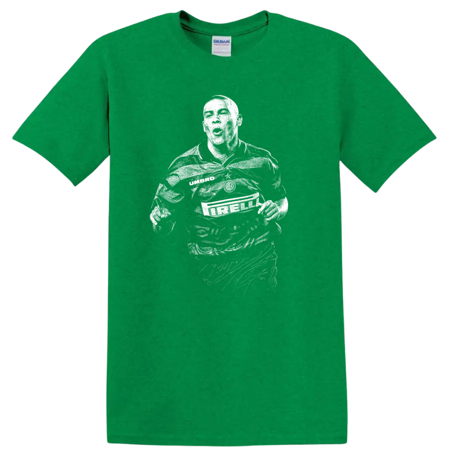 Retro soccer legend portrait of Ronaldo Nazário style graphic T - Antic Irish Green