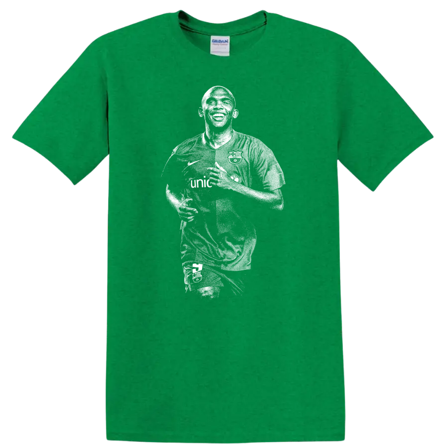 Retro soccer portrait style of Samuel Eto'o on a black T - Antic Irish Green