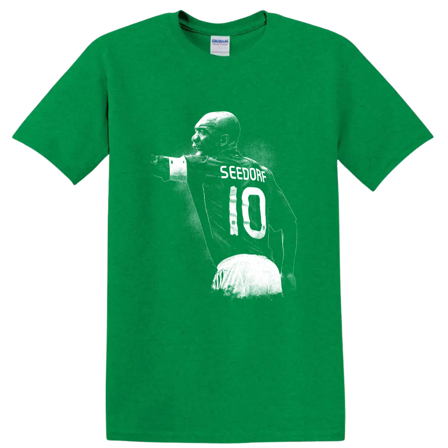 Retro soccer portrait design of Clarence Seedorf style T - Antic Irish Green
