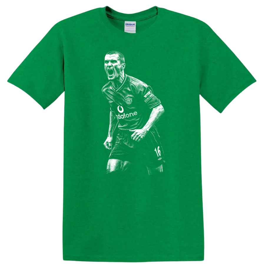 High-contrast retro soccer portrait of Roy Keane style T-shirt - Antic Irish Green