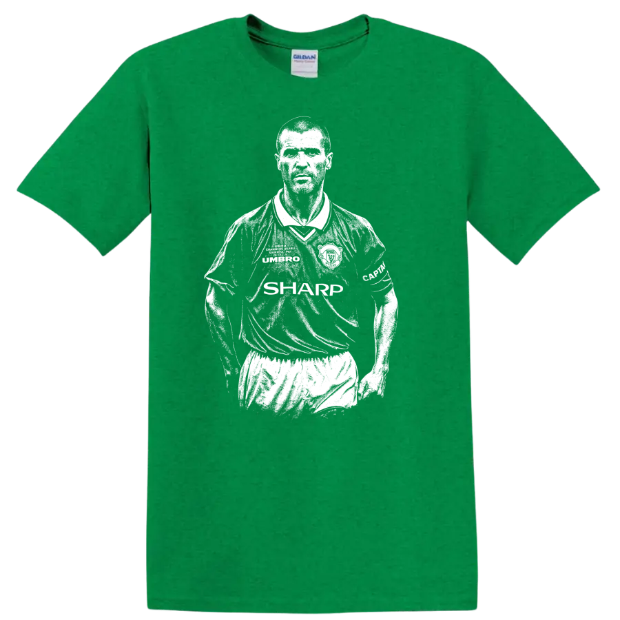 Black and white retro soccer portrait of Roy Keane style T - Antic Irish Green